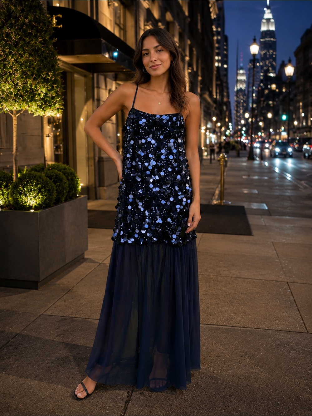 Navy Sequin Mesh Skirt Maxi Dress